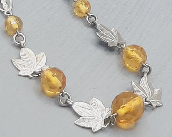 Art Deco Leaf Necklace... Faceted Glass & Chrome... Golden Beads