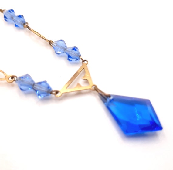 Art Deco Bead Necklace... Vintage Bright Blue Gla… - image 5