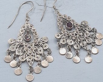 Silver Filigree Amethyst Earrings... Ornate Filigree Dangles... Vintage 925 Silver