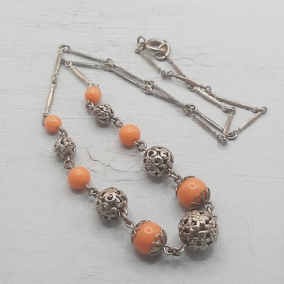 Coral-Orange & Silver Filigree Necklace... 1930s … - image 2