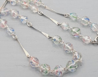 1950s Iris Glass Necklace... Chrome Links... Faceted Glass Beads