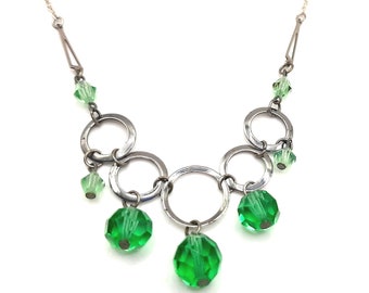 Art Deco Green & Chrome Necklace... c.1930s Vintage... Circles Chain Necklace... Faceted Czech Beads