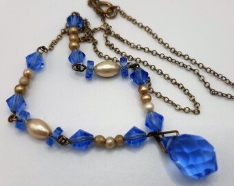 Blue Glass Deco Necklace... Bright Blue Drop... White Faux Pearl... c.1930s... Some Wear