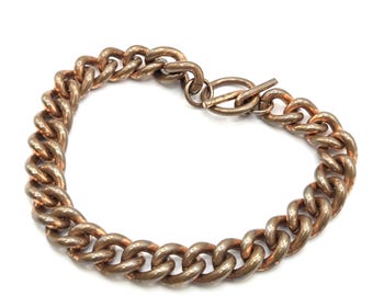 Vintage Men's Copper Curb Link Bracelet: Aged, Darkened Patina, T Bar Clasp Heavy