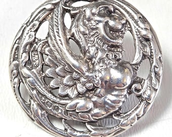 Levi Salaman Hallmarked Sterling Silver Button: Art Nouveau Griffin Birmingham 1900