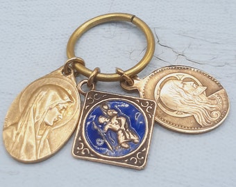 Vintage Enamel Catholic Charms... Set of Three... Bright Blue Enamel... Some Wear...Lord's Prayer Lourdes St. Christopher