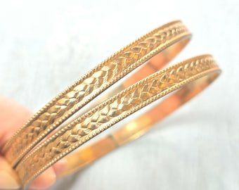 Pair Gold Stacking Bangles... Slim Textured Metal... Dark Goldtone
