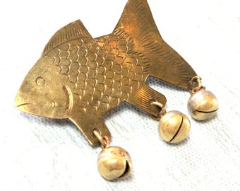 Vintage Brass Fish Brooch: c.1990s Handmads, Bell Dangles, Novelty