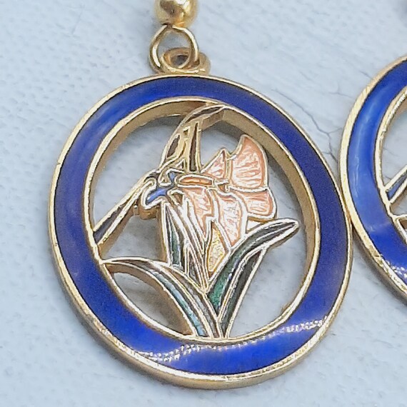 c.1980s Cloisonne Flower Earrings... Blue Pink Gr… - image 3
