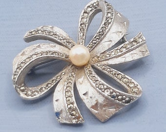 c.1960s Marcasite Flower Brooch... Signed Sphinx... Designer Piece... White Faux Pearl