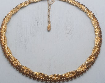 Vintage Sparkly Diamante Necklace... Dark Brown Glass... Goldtone Metal Twist