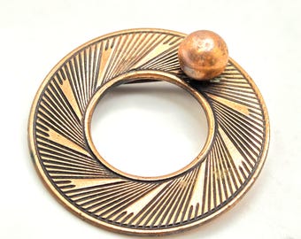 c.1970s Copper Circle Brooch Mid Century Modernist Oxidised Patina