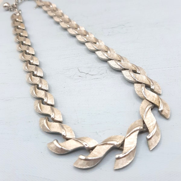 Crown Trifari Collar Necklace... Brushed Silvertone Metal... c.1960s-70s