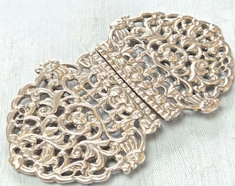 Ornate Antique Nurses Buckle: Openwork Scroll Pattern, Edwardian Belt Clasp Marked Silver Plated