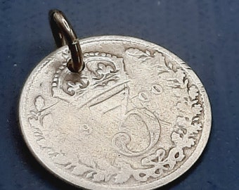 Antique 1900 Coin Charm... Victorian 3d Three Pence Fob... Real Silver