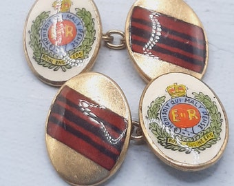 c.1950s Royal Engineers Cufflinks... Insignia and Stripes... Lambournes Birmingham... Pale Goldtone Metal Enamel