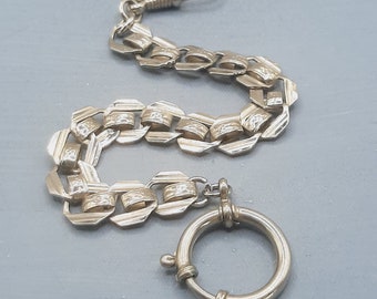 Art Deco Chrome Watch Chain... Fancy Link... Over-Size Bolt Ring... Dog Clip... c.1930s (c)