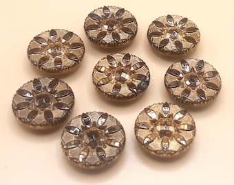 8x Black & Gold Glass Buttons... Gilt Enamel... Czech Glass Flowers... 17mm... Matching Set