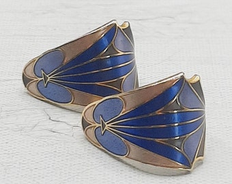 c.1980s Cloisonne Half Hoop Earrings... Lilac Blue Enamel... Goldtone Metal... Art Deco Design... Fish Enterprises