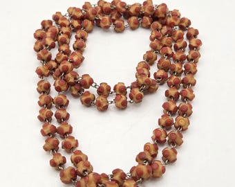 Long Antique Carved Bead Necklace: 120cm Tan Red Natural Nut Beads Wired