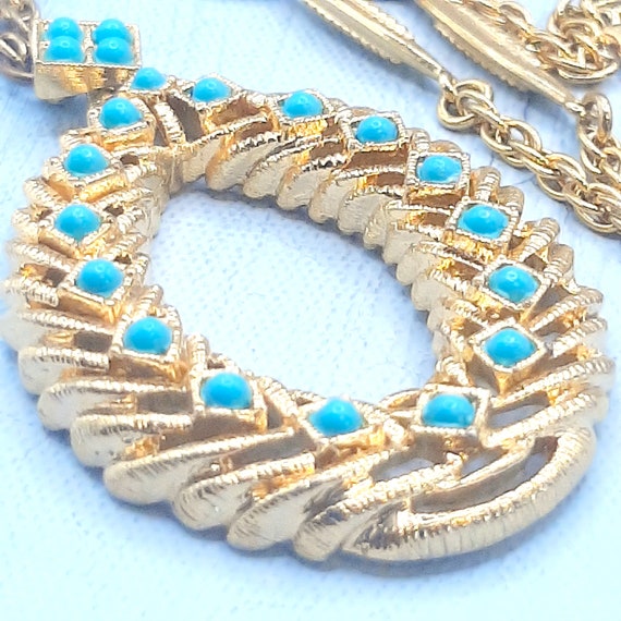 Goldtone & Turquoise Glass Necklace... Wreath Pen… - image 3