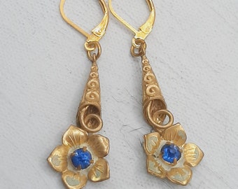 Vintage Blue Flower Dangle Earrings... Painted Enamel on Goldtone... Bright Blue Diamante... Leverback Wires