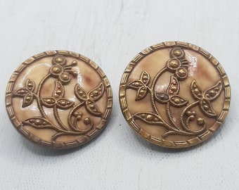 Pair Victorian Picture Buttons... Raised Flower Pattern... Nice Detail... 27mm