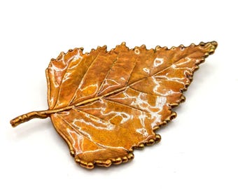 c.1970s Enamel Leaf Brooch: Glossy Autumnal Colours, Copper Orange Tones