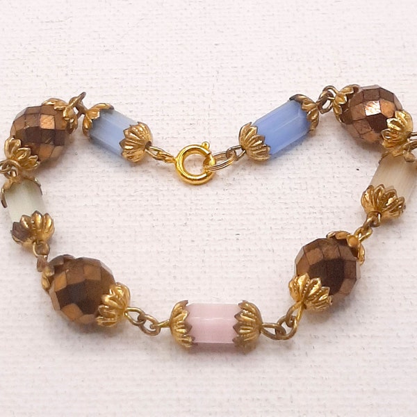 Rhubarb Atlas Glass Bead Bracelet... c.1940s Hexagonal Satin Glass... Pastel Coloured Frosted... Czech Glass Gold... Wired Beads