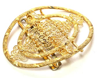 Large Ornate Gold Antique Buckle: c.1930s Czech Stamped Metal Big Oval Clasp