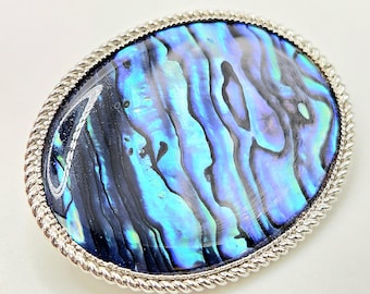 Vintage Electric Blue Paua Shell Brooch: c.1980s Glossy Oval Silver Tone