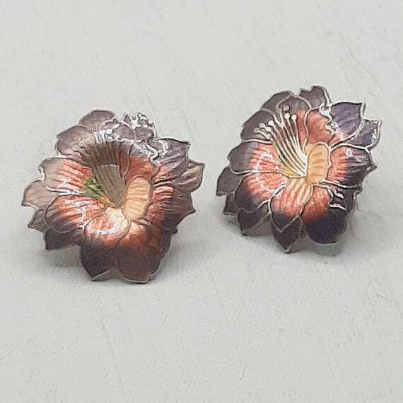 c.1980s Cloisonne Flower Earrings... Lilac Pink E… - image 3