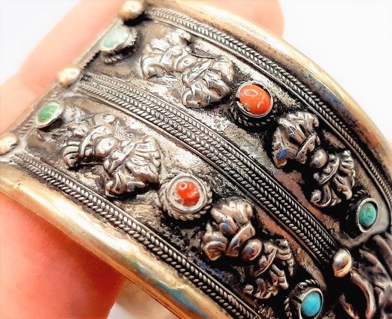 Dark Silver Dragon Cuff Bangle... Ornate Tibetan.… - image 6
