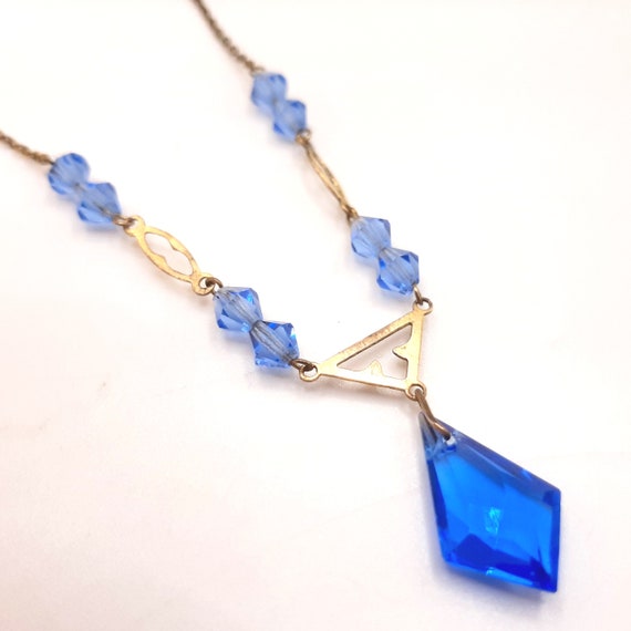 Art Deco Bead Necklace... Vintage Bright Blue Gla… - image 4