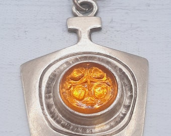 Rune Tennesmed Pewter Pendant... Golden Glass Stone... Long Chain... Made in Sweden... Swedish Scandinvian Design