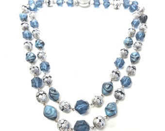 Blue Silver Double Strand Necklace: Vintage 1960s Plastic Aluminium Beads