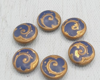 6x Antique Tiny Enamel Buttons... Cold Painted... Navy Blue Swirl