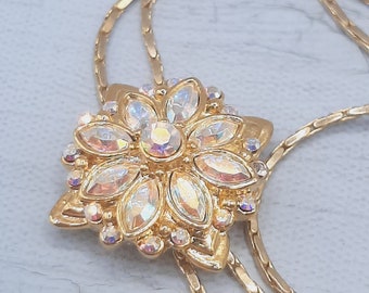 c.1980s Diamante Lariat Necklace... Sparkly AB Lustre Slider... Slinky Goldtone Chain... Long Slim Necklace