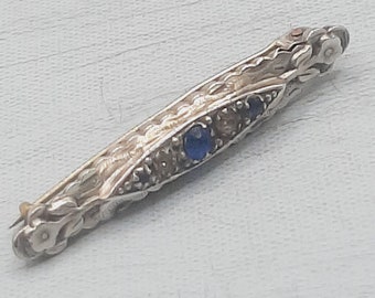 Antique Sweetheart Bar Brooch... Hallmarked English Silver... Glass Stones... Blue Glass... AJS Chester 1902