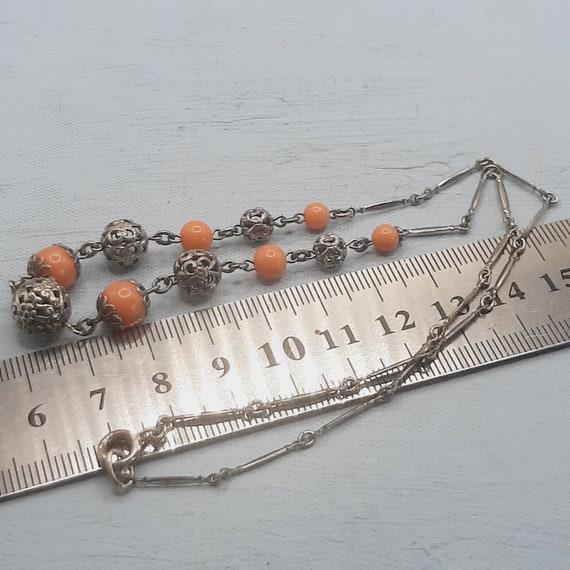 Coral-Orange & Silver Filigree Necklace... 1930s … - image 7