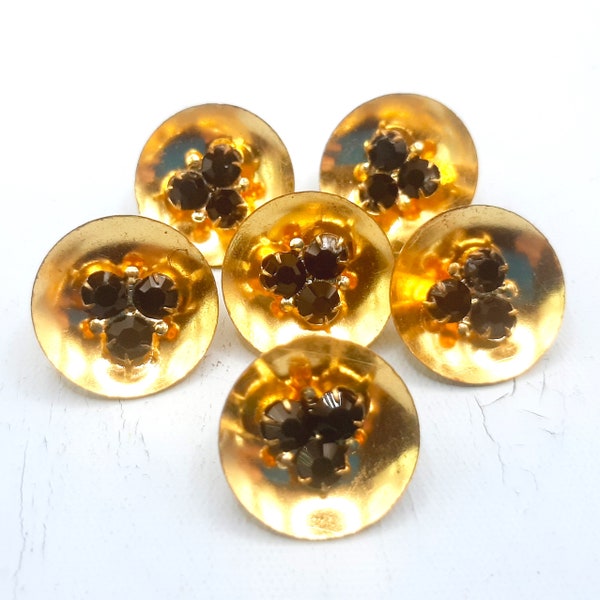 Set 6x Gold Bling Buttons... Black Diamantes... c.1980s Sparkly... Concave Metal Buttons... Bright Goldtone