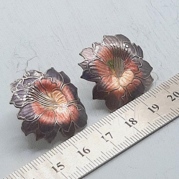c.1980s Cloisonne Flower Earrings... Lilac Pink E… - image 6