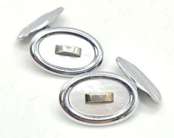 Vintage Mother of Pearl & Chrome Double Cufflinks, Lambournes 1940s 1950s Silver White