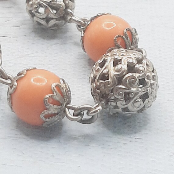 Coral-Orange & Silver Filigree Necklace... 1930s … - image 4