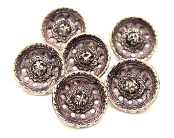 Set 6x Antique Austrian Tinies: Small Buttons, Mirror Backs Purple Enamel 15mm