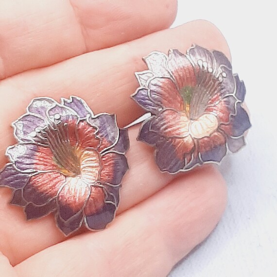 c.1980s Cloisonne Flower Earrings... Lilac Pink E… - image 2