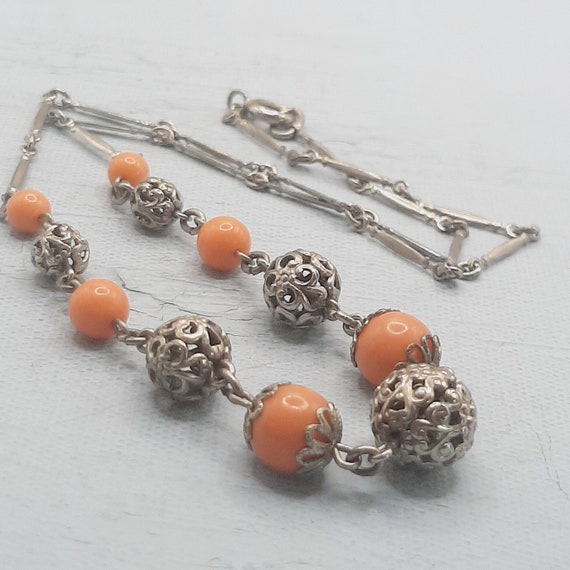 Coral-Orange & Silver Filigree Necklace... 1930s … - image 3