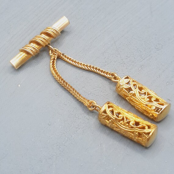 Vintage Goldtone Tassel Brooch... Filigree Dangle… - image 2