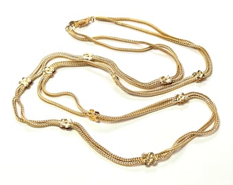 Long Gold Tone Foxtail Chain Necklace: Vintage Double Chain Flower Links
