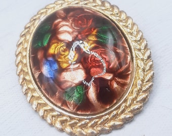 c.1970s Enamel Flower Brooch... Rose Pattern... Autumnal Colours... Aluminium Frame